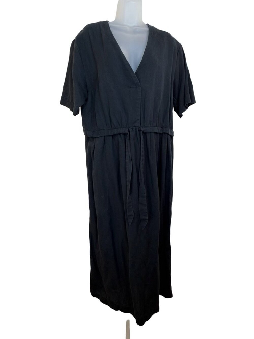 Mango Black V-Neck Cotton & Linen Blend V-Neck Oversized Midi Dress Large